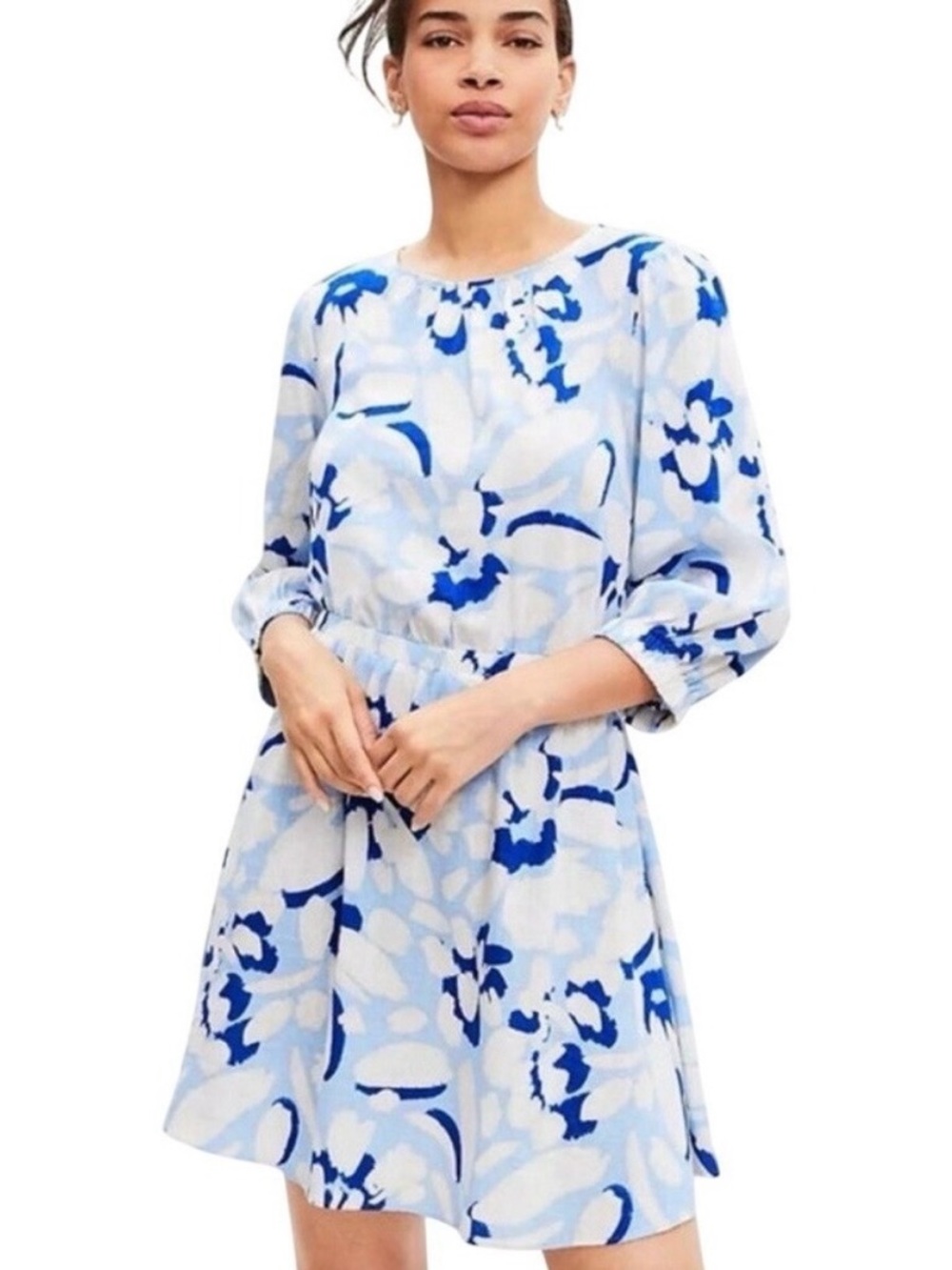 Blue Floral Linen Blend Dress Knee Length Vacation Resort Wear Spring Summer Med
